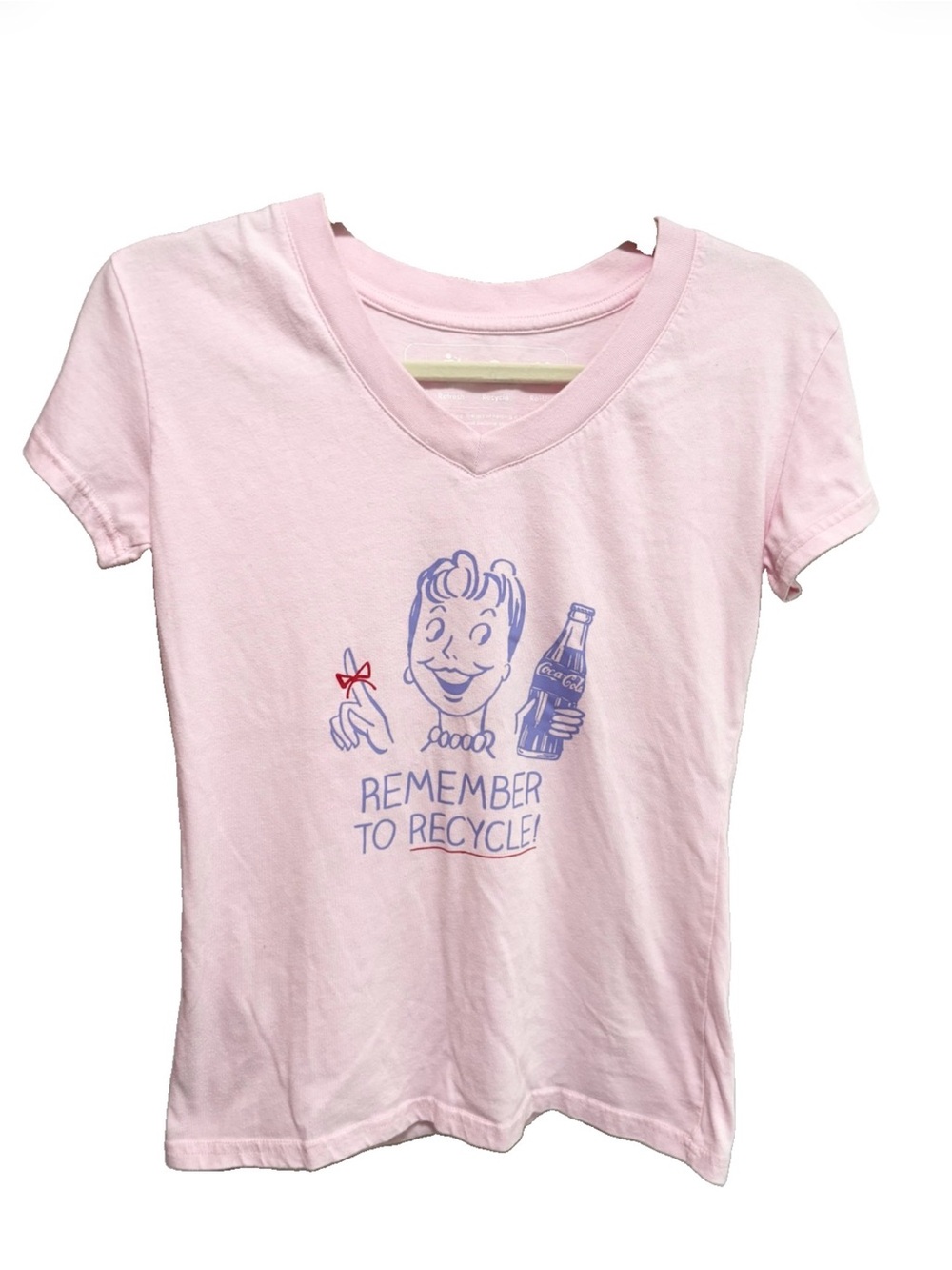 Coca Cola Pink V-Neck retro Tee with Blue Graphic